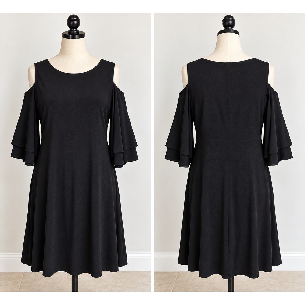Lauren Ralph Lauren Dress Womens 14 Black Cold Shoulder Bell Sleeve A Line Party